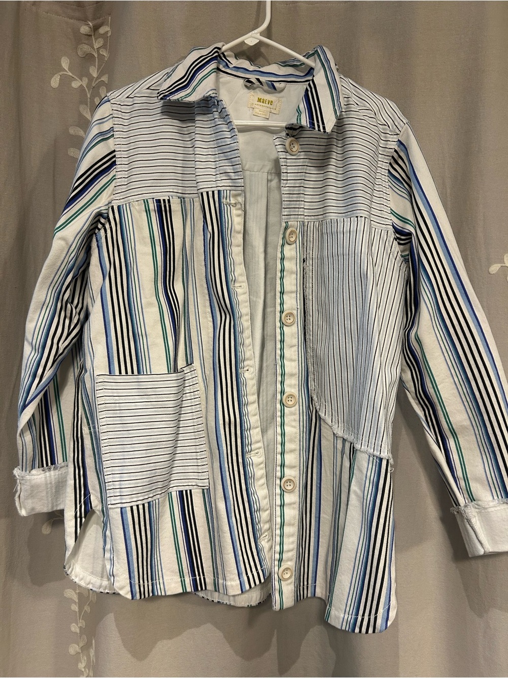 Maeve Striped Button-Front Shirt Jacket in Blue, Green & White